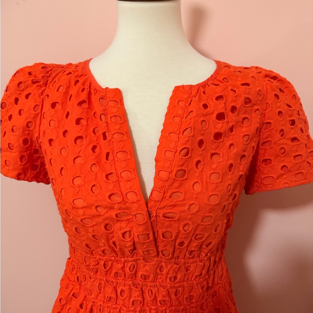 Cynthia Rowley Orange Large Eyelet Smocked Mini Dress w/ Pockets Sz XS - Picture 3 of 11